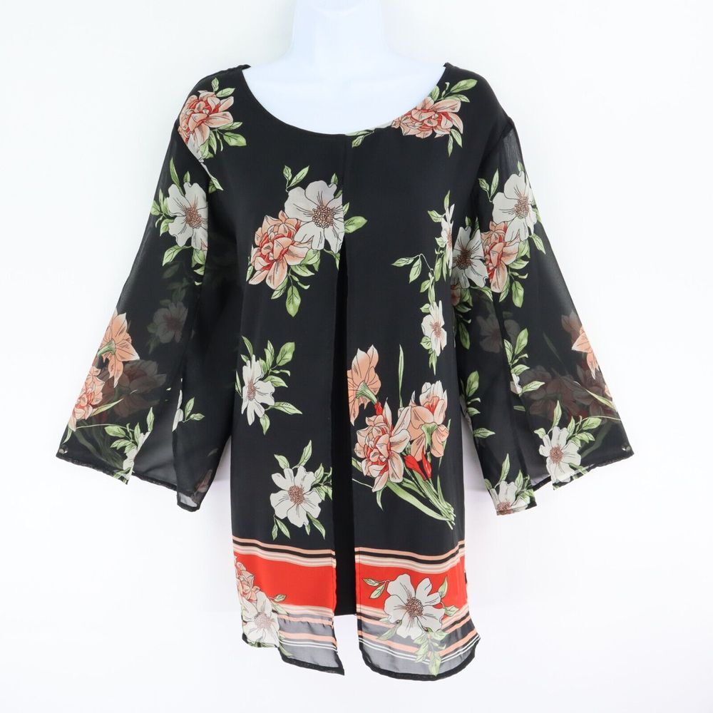 Est. 1946‎ Blouse Shirt Womens 18/20W Black Floral Round Neck Sheer 3/4 Sleeves